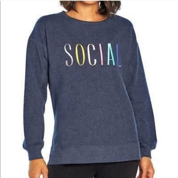 Wildfox Embroidered Social Navy Crew Neck Sweatshirt Size M - Picture 1 of 9